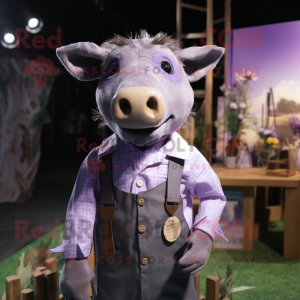 Lavender Wild Boar mascot costume character dressed with a Button-Up Shirt and Suspenders