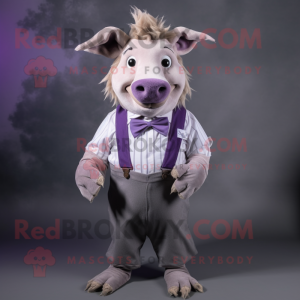 Lavender Wild Boar mascot costume character dressed with a Button-Up Shirt and Suspenders