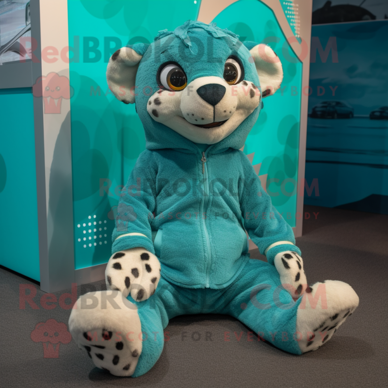 Teal Cheetah mascot costume character dressed with a Hoodie and Foot pads