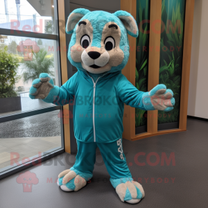 Teal Cheetah mascot costume character dressed with a Hoodie and Foot pads
