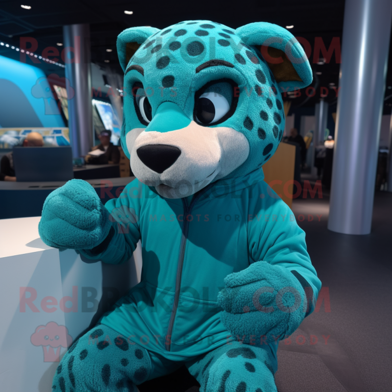 Teal Cheetah mascot costume character dressed with a Hoodie and Foot pads Teal Cheetah mascot costume character dressed with a Hoodie and Foot pads