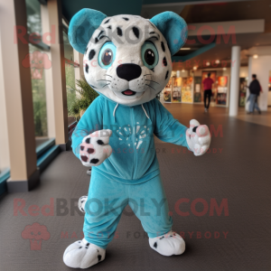 Teal Cheetah mascot costume character dressed with a Hoodie and Foot pads