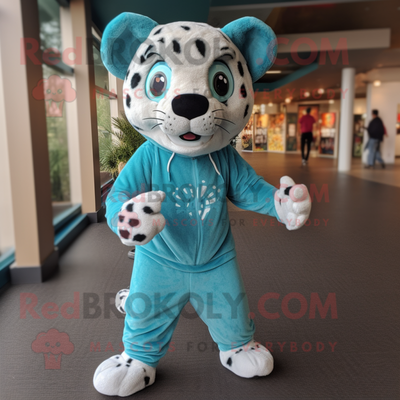Teal Cheetah mascot costume character dressed with a Hoodie and Foot pads