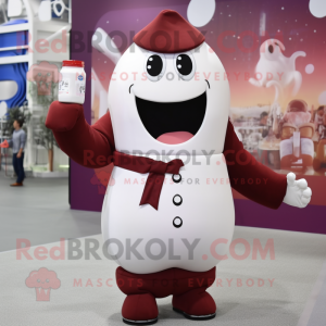 Maroon Bottle Of Milk mascot costume character dressed with a Jumpsuit and Suspenders