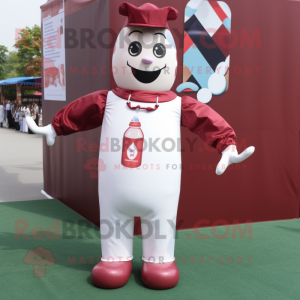 Maroon Bottle Of Milk mascot costume character dressed with a Jumpsuit and Suspenders