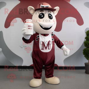 Maroon Bottle Of Milk mascot costume character dressed with a Jumpsuit and Suspenders