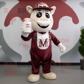 Maroon Bottle Of Milk mascot costume character dressed with a Jumpsuit and Suspenders