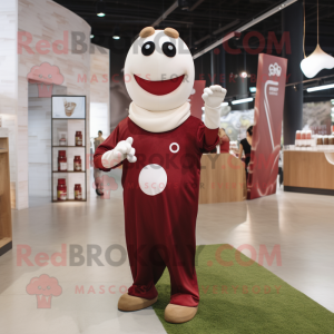 Maroon Bottle Of Milk mascot costume character dressed with a Jumpsuit and Suspenders