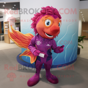 Magenta Goldfish mascot costume character dressed with a Board Shorts and Rings