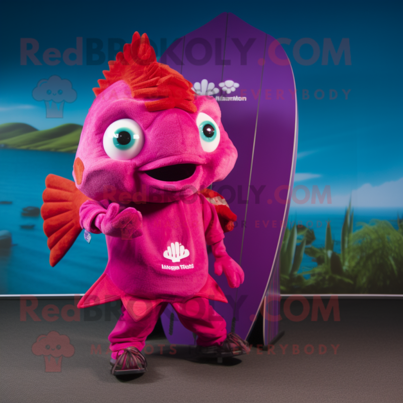 Magenta Goldfish mascot costume character dressed with a Board Shorts and Rings