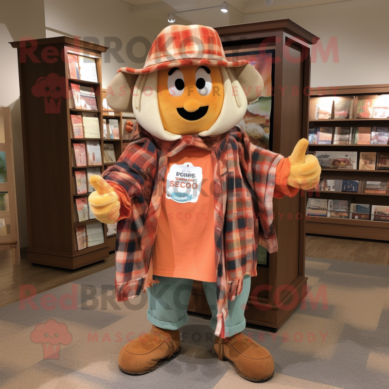 Peach Goulash mascot costume character dressed with a Flannel Shirt and Shawls Peach Goulash mascot costume character dressed with a Flannel Shirt and Shawls