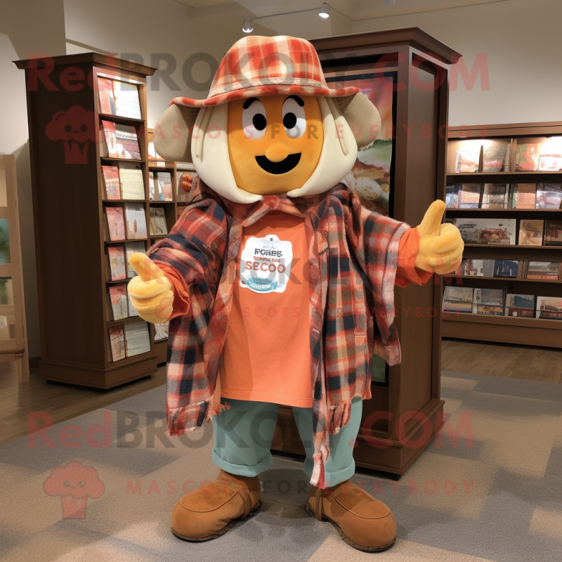 Peach Goulash mascot costume character dressed with a Flannel Shirt and Shawls