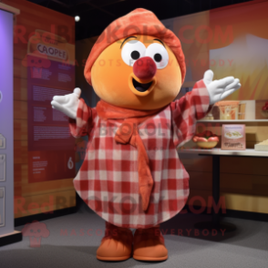 Peach Goulash mascot costume character dressed with a Flannel Shirt and Shawls