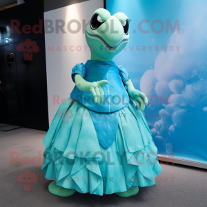 Cyan Sea Turtle mascot costume character dressed with a Ball Gown and Pocket squares