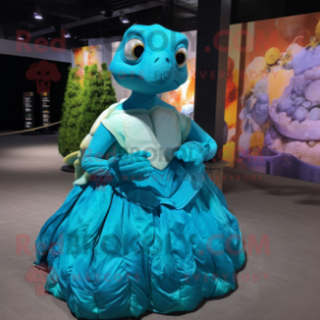 Cyan Sea Turtle mascot costume character dressed with a Ball Gown and Pocket squares