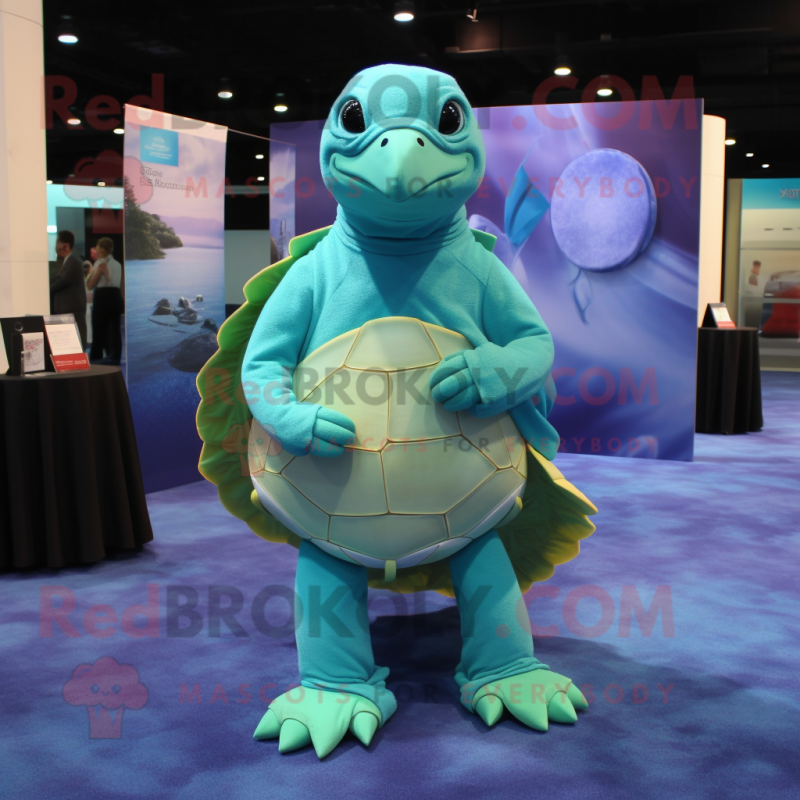 Cyan Sea Turtle mascot costume character dressed with a Ball Gown and Pocket squares