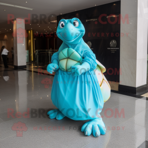 Cyan Sea Turtle mascot costume character dressed with a Ball Gown and Pocket squares