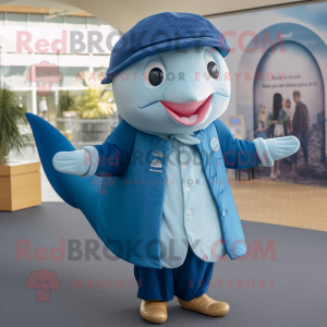nan Blue Whale mascot costume character dressed with a Cardigan and Rings