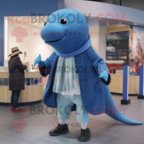 nan Blue Whale mascot costume character dressed with a Cardigan and Rings