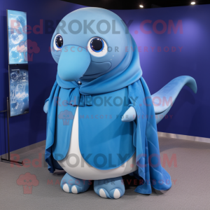 nan Blue Whale mascot costume character dressed with a Cardigan and Rings