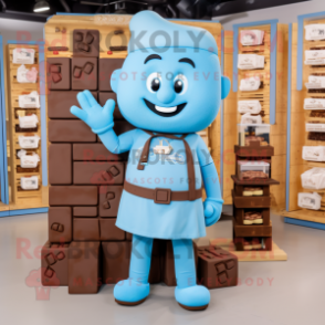 Sky Blue Chocolate Bar mascot costume character dressed with a Overalls and Earrings