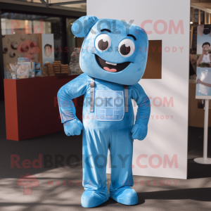 Sky Blue Chocolate Bar mascot costume character dressed with a Overalls and Earrings