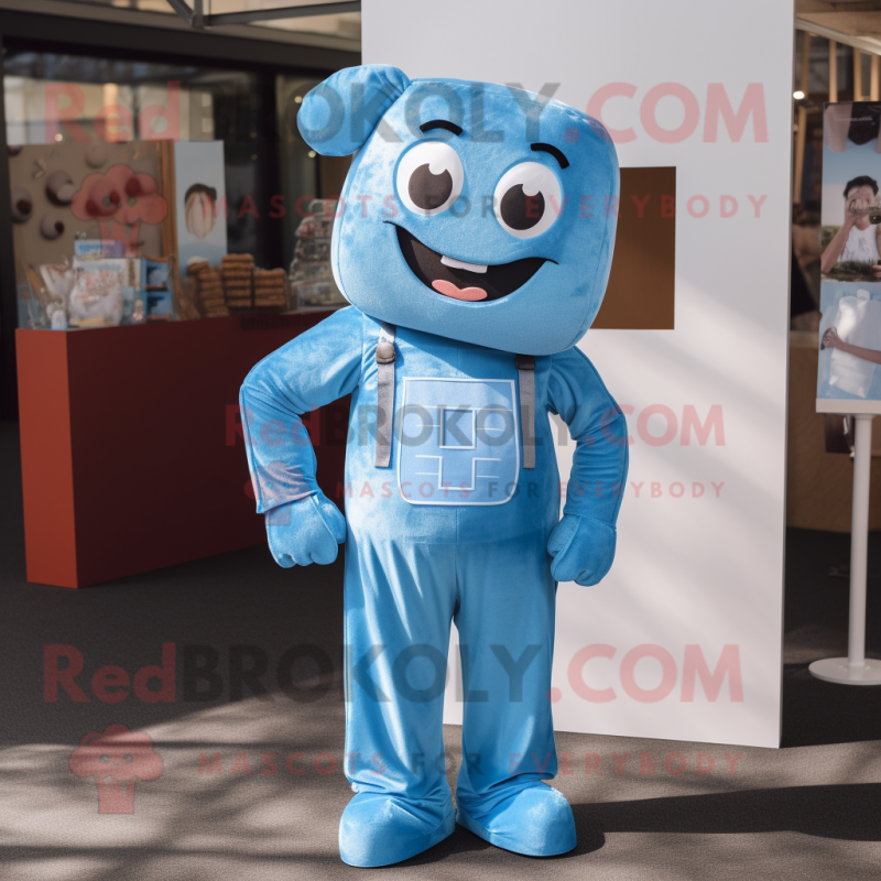 Sky Blue Chocolate Bar mascot costume character dressed with a Overalls and Earrings