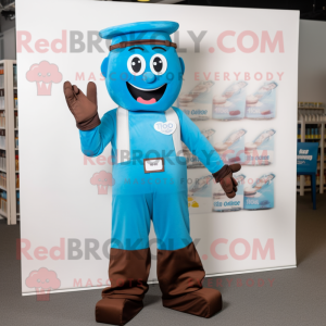 Sky Blue Chocolate Bar mascot costume character dressed with a Overalls and Earrings