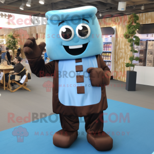 Sky Blue Chocolate Bar mascot costume character dressed with a Overalls and Earrings