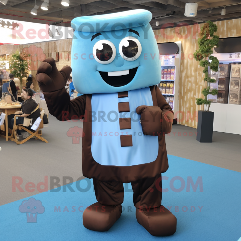 Sky Blue Chocolate Bar mascot costume character dressed with a Overalls and Earrings Sky Blue Chocolate Bar mascot costume character dressed with a Overalls and Earrings
