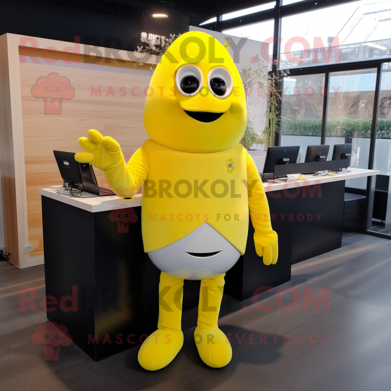 Lemon Yellow Moussaka mascot costume character dressed with a Suit and Gloves Lemon Yellow Moussaka mascot costume character dressed with a Suit and Gloves