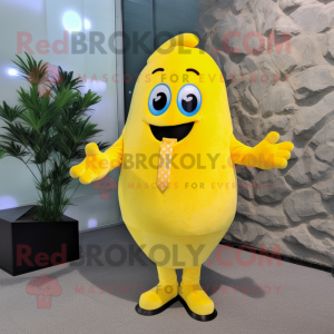 Lemon Yellow Moussaka mascot costume character dressed with a Suit and Gloves