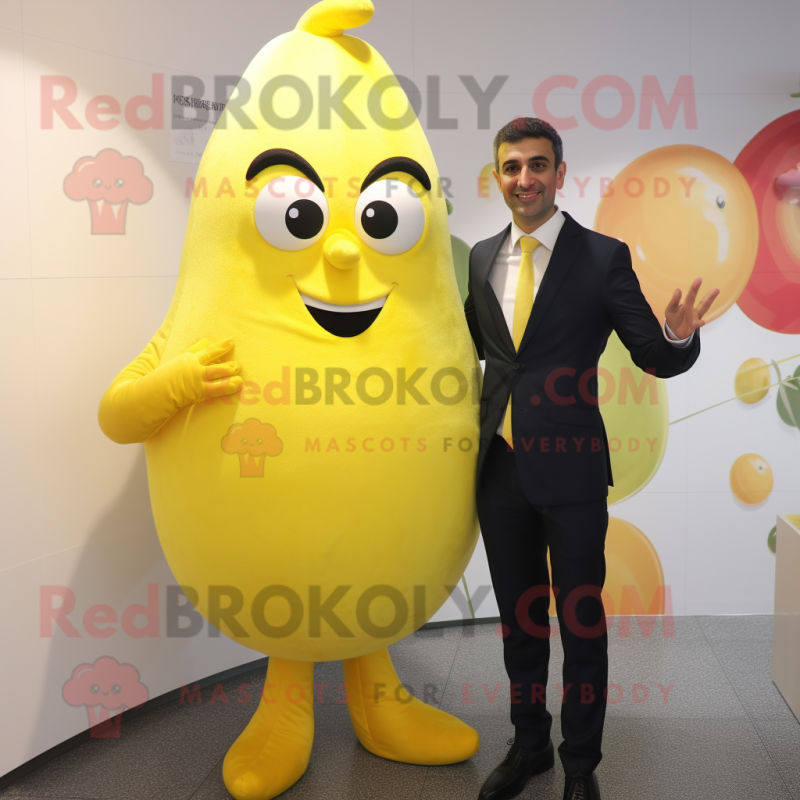 Lemon Yellow Moussaka mascot costume character dressed with a Suit and Gloves Lemon Yellow Moussaka mascot costume character dressed with a Suit and Gloves