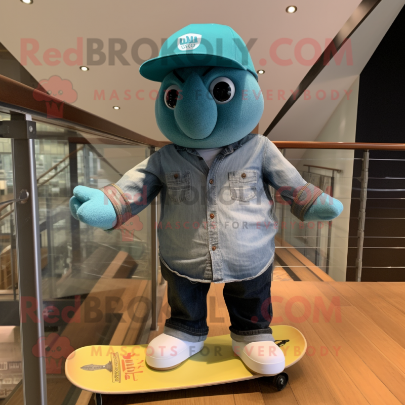 Teal Skateboard mascot costume character dressed with a Denim Shirt and Hat pins Teal Skateboard mascot costume character dressed with a Denim Shirt and Hat pins