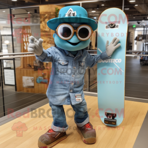 Teal Skateboard mascot costume character dressed with a Denim Shirt and Hat pins