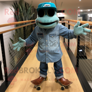 Teal Skateboard mascot costume character dressed with a Denim Shirt and Hat pins