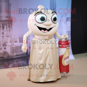 Beige Soda Can mascot costume character dressed with a Cocktail Dress and Handbags