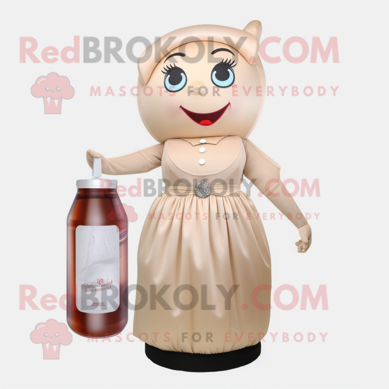 Beige Soda Can mascot costume character dressed with a Cocktail Dress and Handbags Beige Soda Can mascot costume character dressed with a Cocktail Dress and Handbags