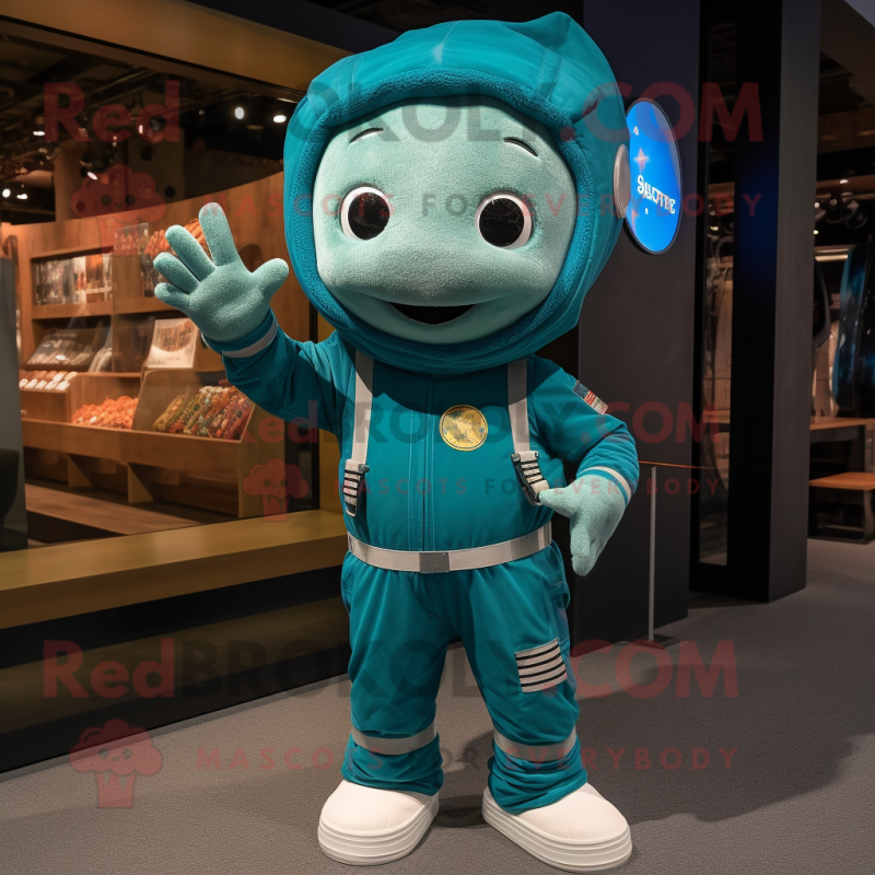 Teal Astronaut mascot costume character dressed with a Jeans and Headbands