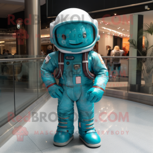 Teal Astronaut mascot costume character dressed with a Jeans and Headbands