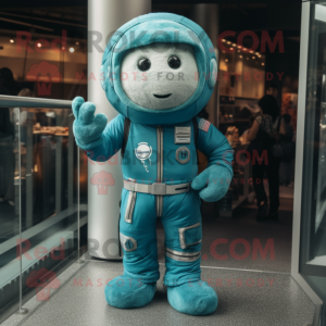 Teal Astronaut mascot costume character dressed with a Jeans and Headbands