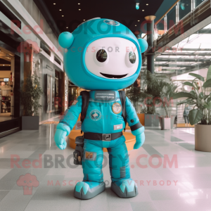 Teal Astronaut mascot costume character dressed with a Jeans and Headbands