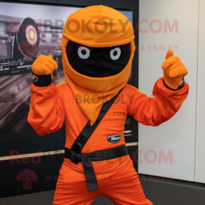 Orange Ninja mascot costume character dressed with a Moto Jacket and Pocket squares