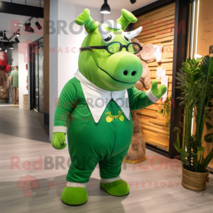 Green Rhinoceros mascot costume character dressed with a Culottes and Eyeglasses