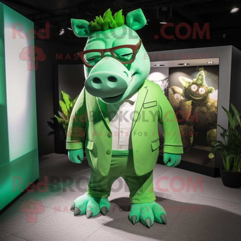 Green Rhinoceros mascot costume character dressed with a Culottes and Eyeglasses Green Rhinoceros mascot costume character dressed with a Culottes and Eyeglasses