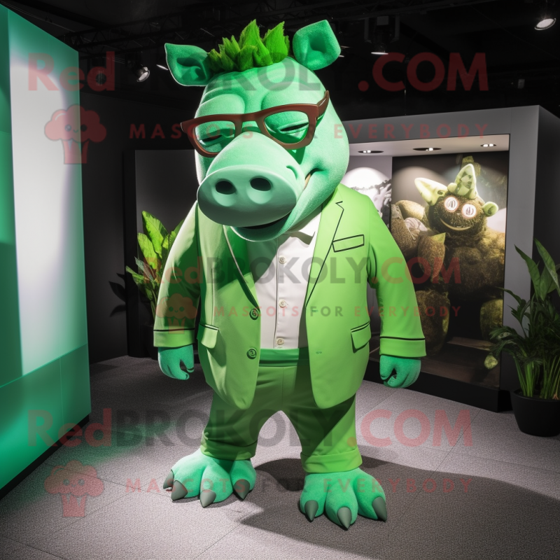 Green Rhinoceros mascot costume character dressed with a Culottes and Eyeglasses