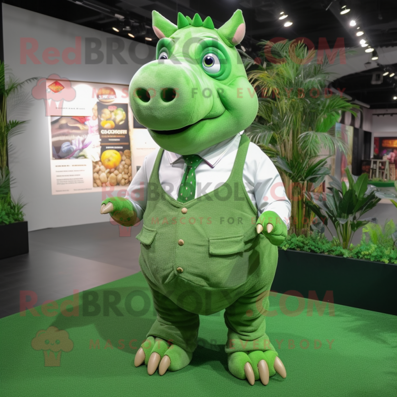 Green Rhinoceros mascot costume character dressed with a Culottes and Eyeglasses