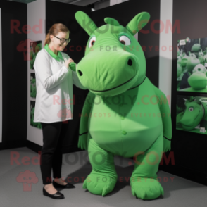 Green Rhinoceros mascot costume character dressed with a Culottes and Eyeglasses