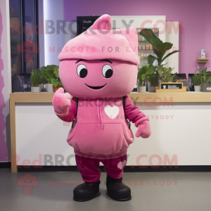 Pink Turnip mascot costume character dressed with a Sweatshirt and Mittens