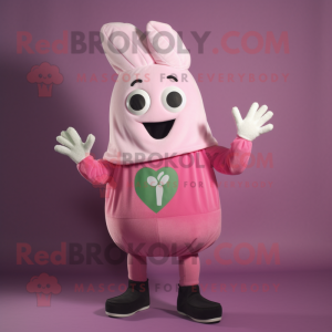 Pink Turnip mascot costume character dressed with a Sweatshirt and Mittens